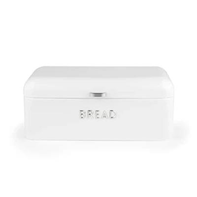 Image of Salter Boston Bread Bin Large Storage Container, Ice White Shimmer Finish with Embossed Lettering, Store Bread, Pastries, and Bagels, Durable Steel, Easy to Clean, Long Lasting Freshness