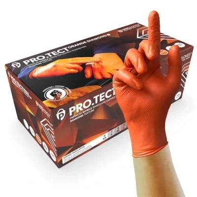 Image of Unigloves PRO.TECT Orange HD GA0054 Nitrile Single Use Ultra Heavyweight, Multipurpose Powder Free, Silicone Free Disposable Gloves, Box of 100 Orange, Large