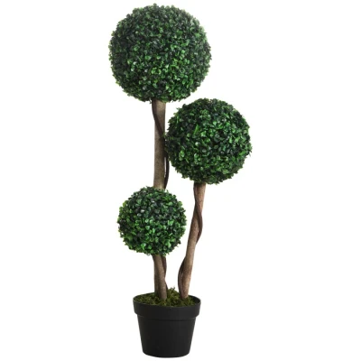Image of HOMCOM Decorative Artificial Plant Boxwood Ball Topiary Tree in Pot Fake for Home Indoor Outdoor Decor, 90 cm, Dark Green