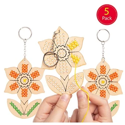 Image of Baker Ross Daffodil Wooden Cross Stitch Keyrings Pack of 5, Easter Crafts for Kids (AT605)
