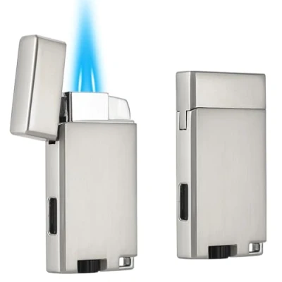 Image of Bbsisgo 2 Pack Double Jet Flame Lighter, Adjustable and Refillable Gas Lighter with Keyhole, Windproof Pocket Butane Torch Sold without Fuel. (Silver)