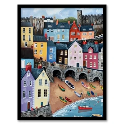 Image of Artery8 Tenby Harbour Beach Colourful Coastal Townscape Living Room Artwork Framed Wall Art Print A4