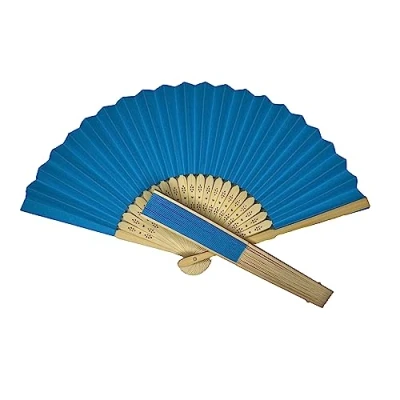 Image of Parev Blue Paper Foldable Hand Held Bamboo Wooden Fan