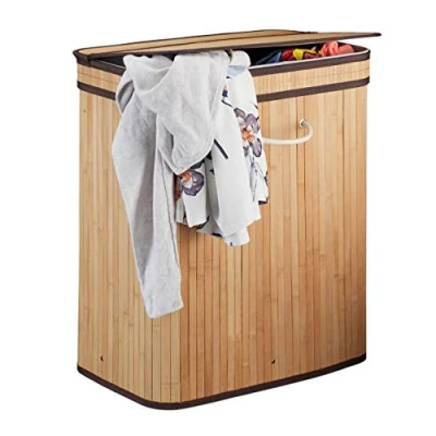 Image of Relaxdays Lidded Laundry Hamper, 2 Compartments, Partitioned Bag, Ventilated, 72 litres, Bamboo Basket, Natural, 62 x 55 35 cm