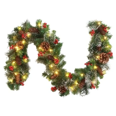 Image of Christmas Garland with Lights, Pre Lit Garlands for Fireplace Stairs Artificial Wreath 50 LED Lights and Bow Pine Cones Berries Xmas Mantle Door Wall Holiday Decor (1.8m)