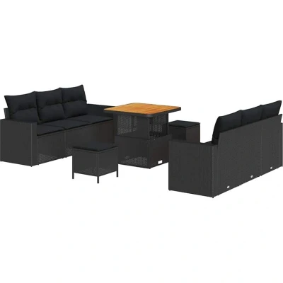 Image of vidaXL 9 Piece Garden Sofa Set with Cushions Black Poly Rattan Acacia