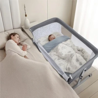 Image of cadciehe Baby Bed 2 in 1 Convertible Crib with Wheels &amp; Adjustable Height, Bedside Crib, Bassinet, Rocker, Removable Sunshade Mosquito Net, Mute Brake Wheels, Space Saver Travel Cot Grey