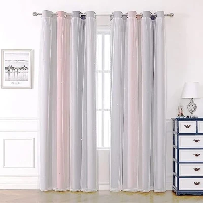 Image of Blackout Curtains for Living Room Nursery Girls Kids Bedroom Eyelet,Soundproof Thermal Winter,Voile Net Windows,2 Panel 52 x 54 inch Drop Grey Pink