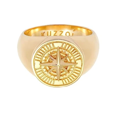 Image of Kuzzoi 0605512820 Men&#039;s Signet Ring Round Solid 15 mm Wide in 925 Sterling Silver Gold Plated Golden with Compass Symbol, Maritime for Men Size 60 66,