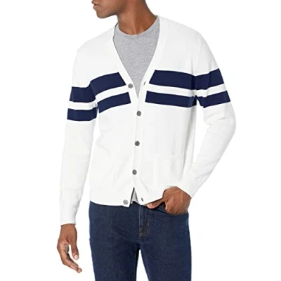 Image of Amazon Essentials Men&#039;s Cotton Cardigan Jumper, Navy White Rugby Stripe, XL