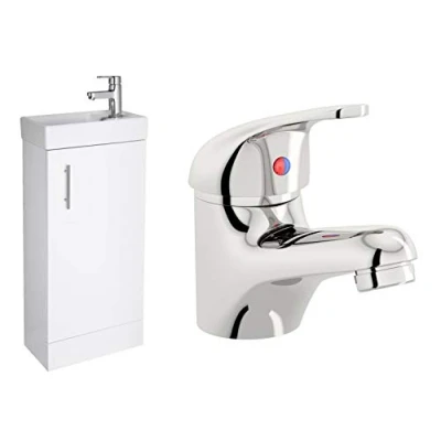 Image of VeeBath Sheen High Gloss White 400mm Compact Cloakroom Vanity Unit with Egham Designer Chrome Mixer Sink Basin Tap