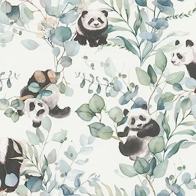 Image of Rasch Wallpaper 301144 Light Non Woven with Eucalyptus and Pandas in Watercolour Look, Children&#039;s Bedroom Wallpaper, 10.05 m x 0.53 (L W)