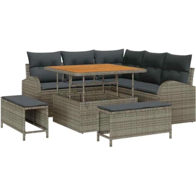 Image of vidaXL 8 Piece Garden Sofa Set with Cushions Grey Poly Rattan Acacia