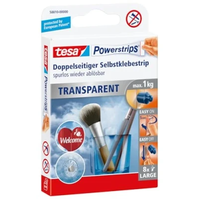 Image of tesa Powerstrips Transparent/Clear Removable Self Adhesive Picture or Poster Hanging Strips 8