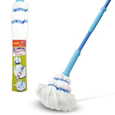 Image of Spontex Twist Mop Microfibre with Built In Self Wringing System Non Scratch Scourer Pad for Tough Stains Cleans Laminate, Wood &amp; Tile Flooring Washable Head