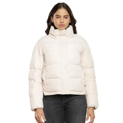 Image of Calvin Klein Jeans Women Winter Jacket Monologo Short Puffer, Beige (Putty Beige), XL