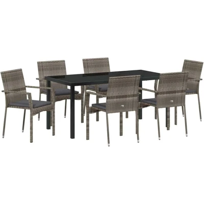 Image of vidaXL 7 Piece Garden Dining Set with Cushions Grey Poly Rattan