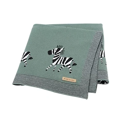 Image of DovFanny Baby Blanket 100% Cotton Knitted Soft for Newbron with Lovely Zebra, 100 x 80cm Dark Green