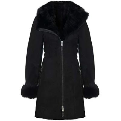 Image of Infinity Leather Womens Ladies Suede Merino Sheepskin Coat Samara Black Size 8 UK