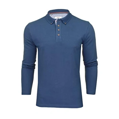 Image of Xact Men&#039;s Long Sleeved Polo T Shirt, 100% Cotton Pique, Slim Fit (Vintage Blue) S