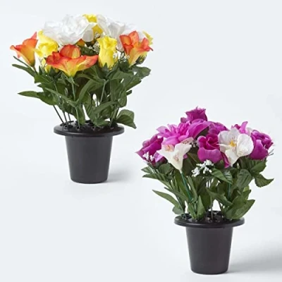 Image of HOMESCAPES Set of 2 Artificial Grave Vases with Yellow, Purple &amp; White Peony Lilies Faux Flowers in Black Pot, 30 cm