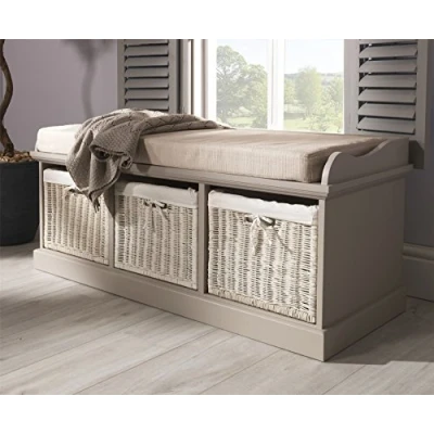 Image of Tetbury Truffle storage Bench with 3 white baskets. Hallway bench. Very Sturdy. Fully Assembled