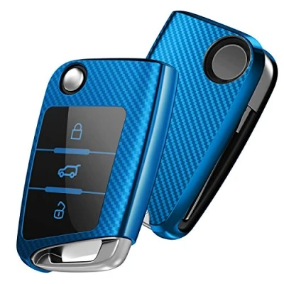 Image of OATSBASF Car Key Cover Compatible with VW,Car Case for VW Golf 7 Polo Skoda Seat TPU Silicone 3 Buttons Box (Blue Stripe)