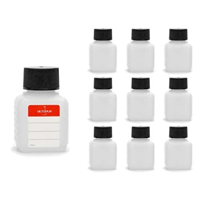 Image of 10 x 50 ml Octopus plastic bottles, HDPE bottles with black flip top cap, empty hinged square incl. labels