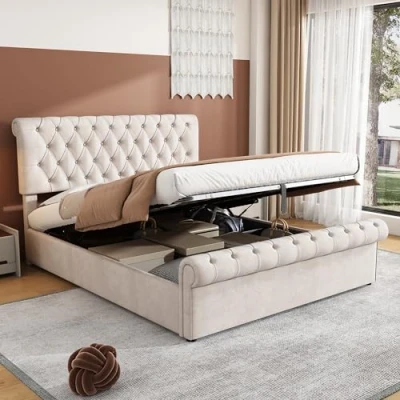 Image of ModernLuxe Upholstered Double Bed 135 * 190, Frames with Slatted Frame and Storage Space, Easy Assembly, Luxurious Velvet Button Tufted for Adults &amp; Teenagers, Beige