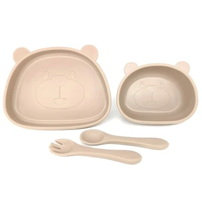 Image of 4 PCS Suction Baby Plate and Bowl Set with Fork Spoon, Led Weaning Supplies for Toddler Kids Self Feeding, Food Grade Silicone BPA Free Cutlery, Dishwasher Microwave Safe, Beige