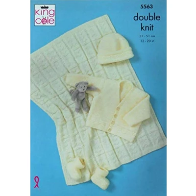 Image of King Cole 5563 Knitting Pattern Baby Cardigan Hat Bootees and Blanket in Big Value DK Cream