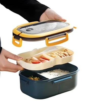 Image of E EGART Bento Lunch Box for Adults Kids with Compartments Leakproof Snack Cutlery &amp; Handle Sandwich Boys Microwave and Dishwasher Safe (Blue)