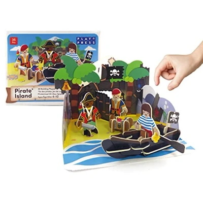 Image of PLAYPRESS Pirate Island Pop out Playset Eco Friendly Building Toys Easy Storage Construction for Ages 4+