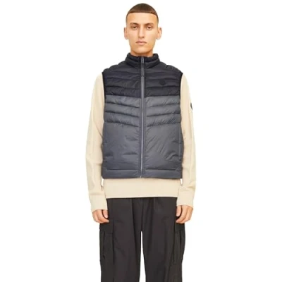 Image of Jack &amp; Jones Mens Sleeveless Gilet Zipper Closure and High Neck Grey Size Medium