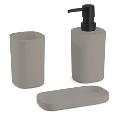 Image of MSV Bad Accessories Lona Soap Dispenser/Soap Dish/Toothbrush Tumbler Set of 3 Beige Taupe Matt