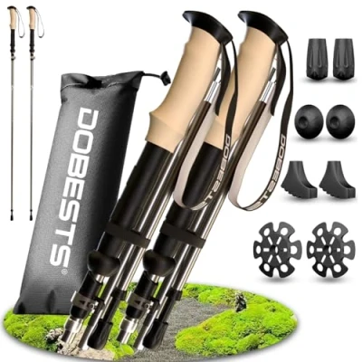 Image of DOBESTS Walking Poles, 2 Pack Collapsible Trekking Hiking Poles with Quick Lock System, Nordic Sticks for Women and Men, Lightweight Telescopic (Silver Grey Cork Grips)