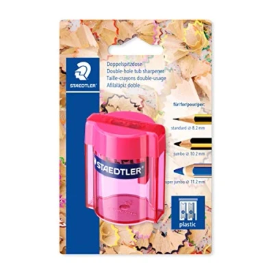 Image of Staedtler 513 Blister Pack 1 Plastic Pencil Sharpener 2 Uses with Transparent Container Assorted Colours