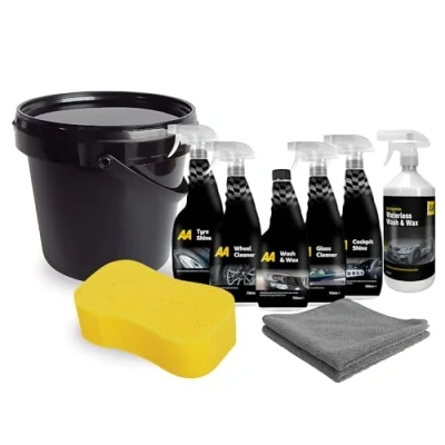 Image of AA Cleaning Kit 5x 750ml Of Cockpit Shine, Glass Cleaner &amp; Tyre 1L Waterless Wash And Wax, Jumbo Car Sponge, 2 Microfibre Cloths, 10L Bucket
