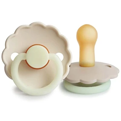 Image of FRIGG Daisy Latex Pacifier Pack of 2 Natural Rubber Soother Dummy BPA Free Made in Denmark Symmetrical Cherry Shaped Nipple (Cream Night/Croissant Night, Size (6 18 Months))
