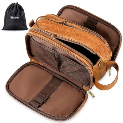 Image of Water Resistant Leather Toiletry Bag for Men, Women Large Travel Wash Shaving Dopp Kit Bathroom Gym Toiletries Makeup Organizer with Dry (Brown, Small)