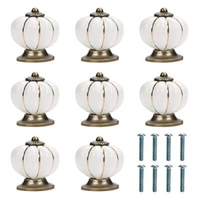 Image of Kurtzy White and Gold Pumpkin Ceramic Knobs with Screws (8 Pack) 3.6 x 3.9cm/1.42 1.54 Inches Round Vintage Pull Handles for Home &amp; Office Furniture Kitchen Cabinet, Drawers Cupboard Doors