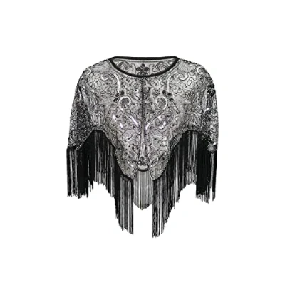 Image of Grouptap 1920s Lace shawl gatsby bolero sequin shrug wrap cape for girls women flapper art deco evening costume (One Size) (Silver)