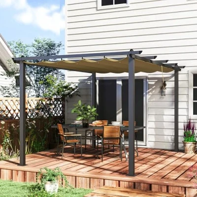 Image of Outsunny 3 x 4m Aluminium Pergola with Retractable Roof Garden Gazebo Khaki 84C 478V01KK