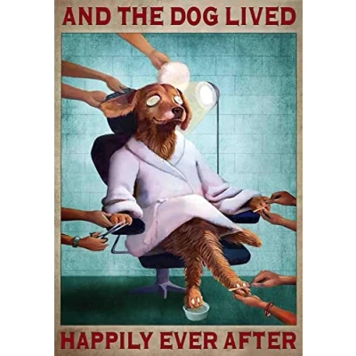 Image of TNND Dog Grooming Vintage Spa Decor Pet Salon And The Lived Happily Poster Wall Art Metal Sign 8X12 Inches