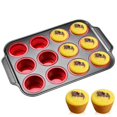 Image of YOUNICE Silicone Muffin Pan, 12 Cup Non Stick Mini Cupcake Pan with Metal Reinforced Frame Baking Easy Release, Trays for Muffins, Cupcakes, Egg Bites