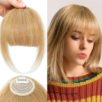 Image of Clip in Fringe Real Human Hair French Bangs Fake on for Women With Temple (Blonde#, Bangs)