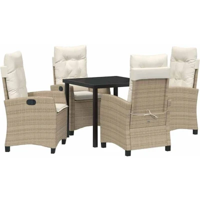 Image of vidaXL 5 Piece Garden Dining Set with Cushions in Beige Poly Rattan.