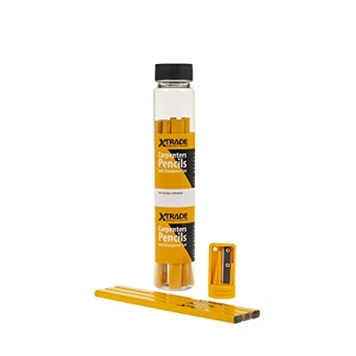 Image of XTrade 10 Pack Medium (HB) Carpenters Carpentry Joiners Builders Pencils, Plus Sharpener &amp; Storage Tub, X0900005