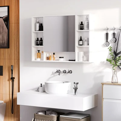 Image of kleankin Wall Mounted Medicine Cabinet, 100cm W x 70cm H Bathroom Mirror Cabinet with Single Mirrored Door, Shelves and Storage Cupboard, White