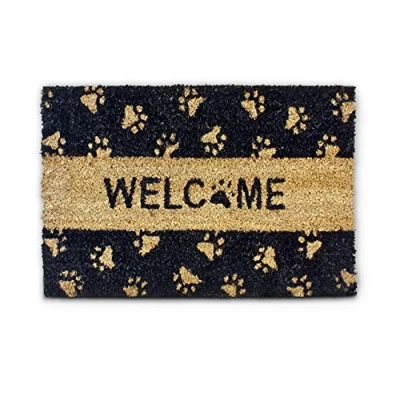 Image of Relaxdays Natural Coconut Fibre Paw Print Doormat 40 x 60 cm Coir Welcome Mat Anti Slip PVC Rubber Underside, Black
